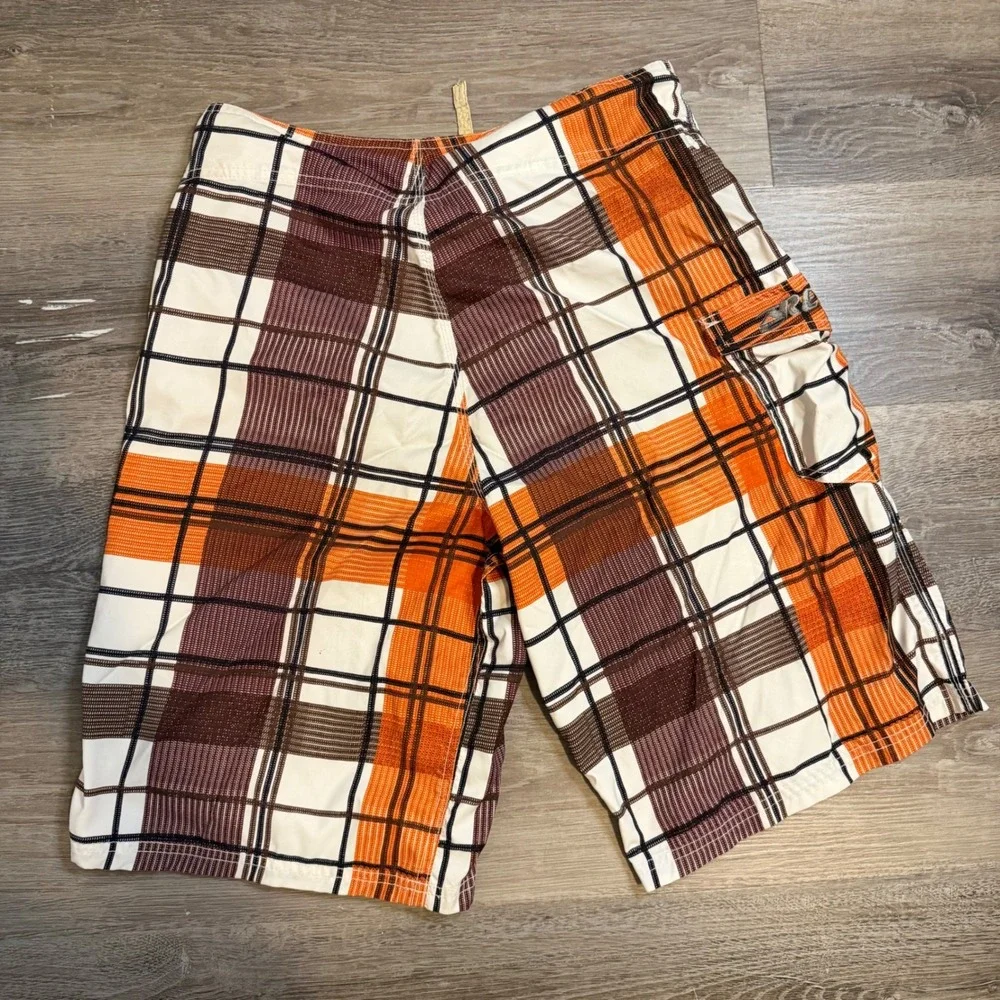 Reef Mens Plaid Board Shorts Surf Brown White Size 33 Cargo Pocket Swim Trunks